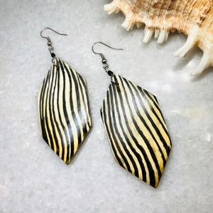 Vintage Bovine Bone Cream Black Stripes Tribal Handmade Geometric Earrings 3.5”